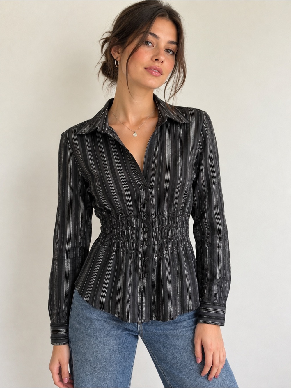 Metallic Crushed Velvet Stripe Cinch Waist Top L Vintage Y2K Whimsigoth Optimum